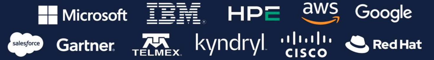 Logos de fabricantes y proveedores: Microsoft, IBM, HPE, AWS, Google, Salesforce, Gartner, Telmex, Kyndryl, Cisco, Red Hat
